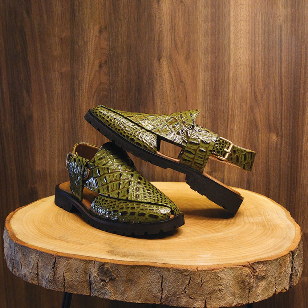 Olive Green Crocodile Print Peshawari Chappal