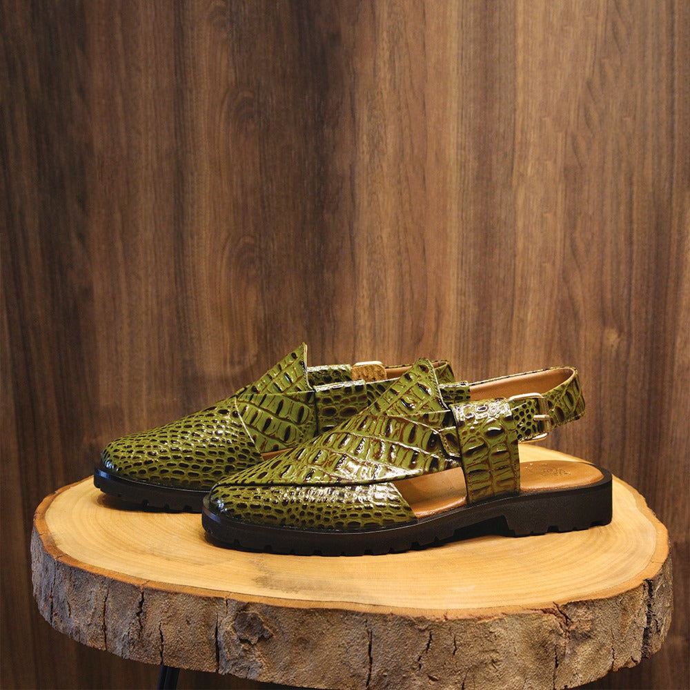 Olive Green Crocodile Print Peshawari Chappal