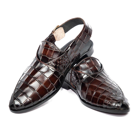 Luxury Handmade Burgundy Crocodile Embossed Peshawari Chappal
