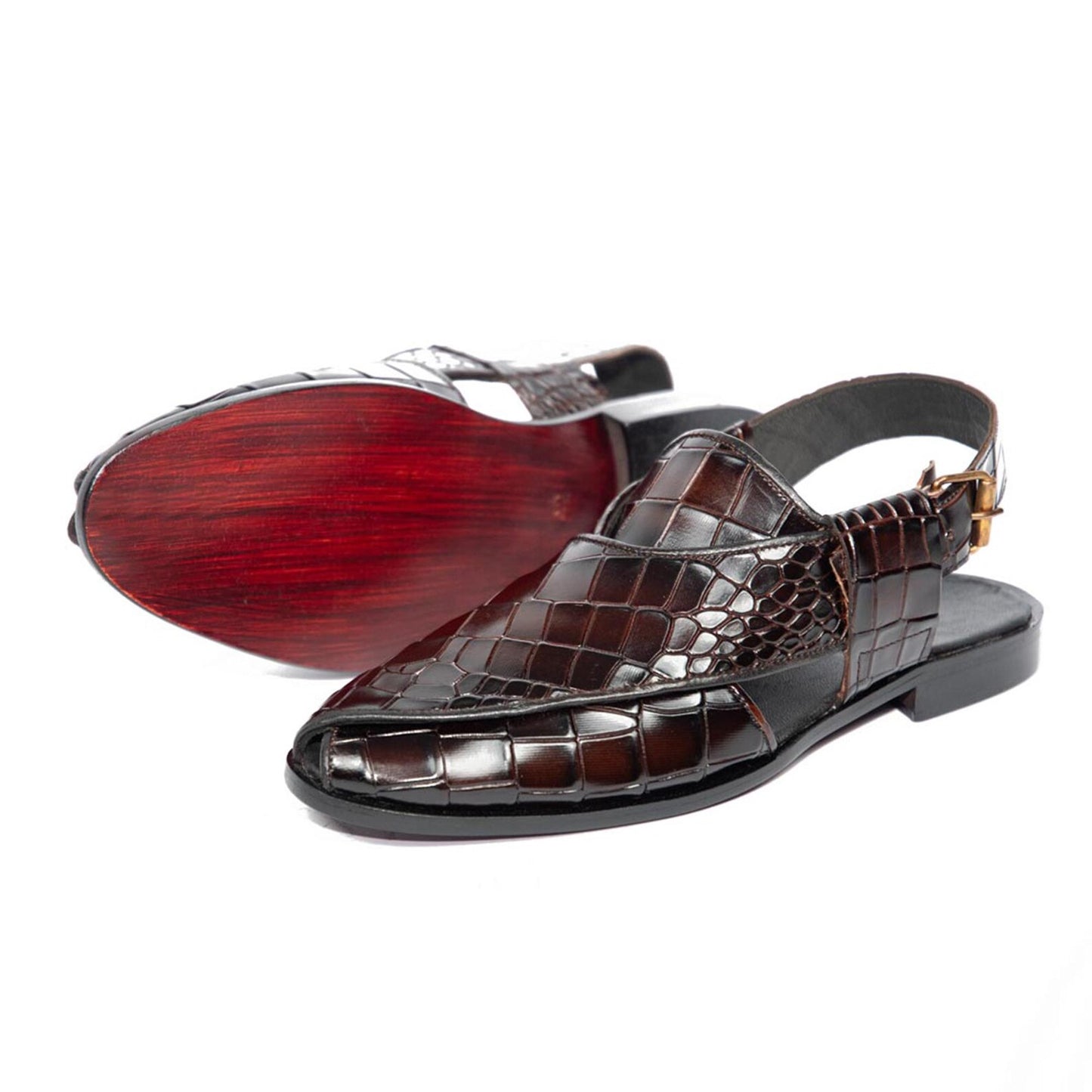 Luxury Handmade Burgundy Crocodile Embossed Peshawari Chappal