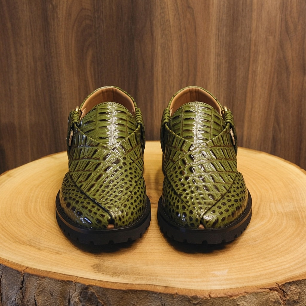 Olive Green Crocodile Print Peshawari Chappal